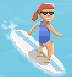 Pixel graphic of an orange-haired woman on a surfboard.
